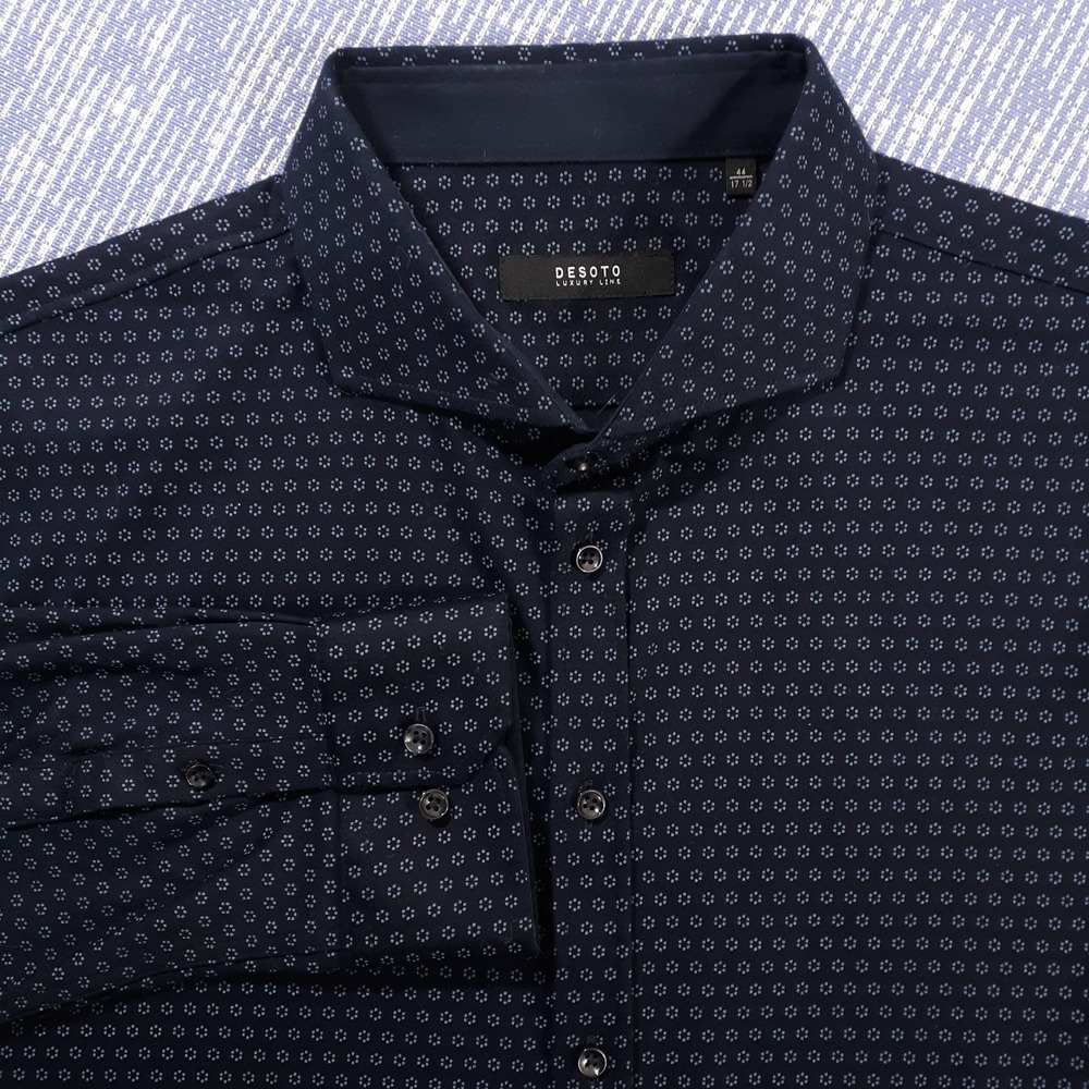 DeSoto Shirt Mens 17.5 Stretch Cotton Button Up Spread Collar Luxury Line Navy